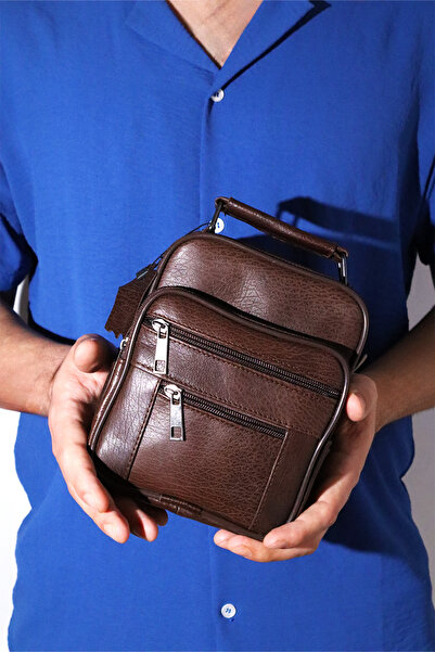 Jack Tonio Men's Adjustable Strap Brown Zippered Leather Handbag and Shoulder Bag