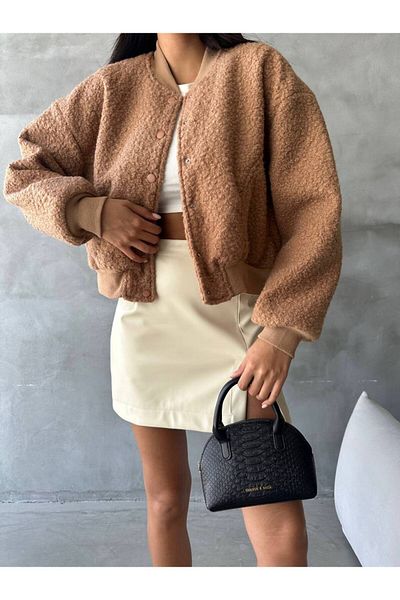 LB Laluna Butik Дамско бомбър яке с джобове, подплатено с букле плат