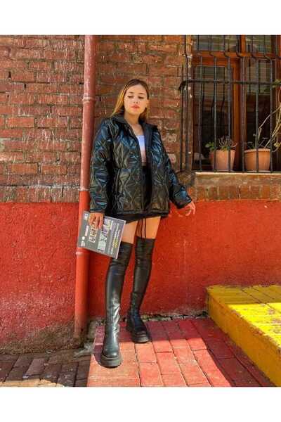 Generic Brand Women's Black Faux Leather Puffer Coat