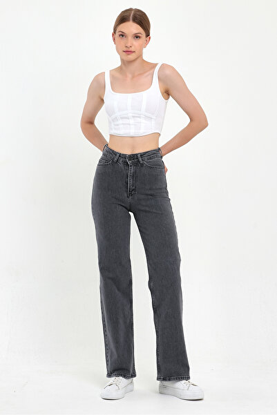 Human Base بنطال جينز نسائي واسع الساق باللون الرمادي المدخن - بنطال من قماش ...