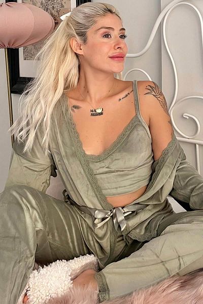 Pijamaevi Green Crop Exclusive Velvet Women's Pajama Set with Robe