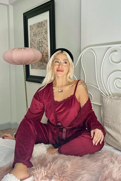 Pijamaevi Exkluzivní sametový dámský pyžamový set Burgundy Claret s županem
