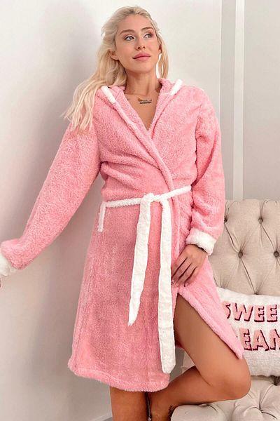 Pijamaevi Salmon Love Patterned Hooded Plush Women's Dressing Gown