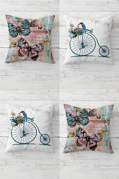 Pelangi Vintage Butterfly and Bicycle Patterned Hidden Zippered Throw Pillow Cover Seat Pillow Cover Set(4PCS)