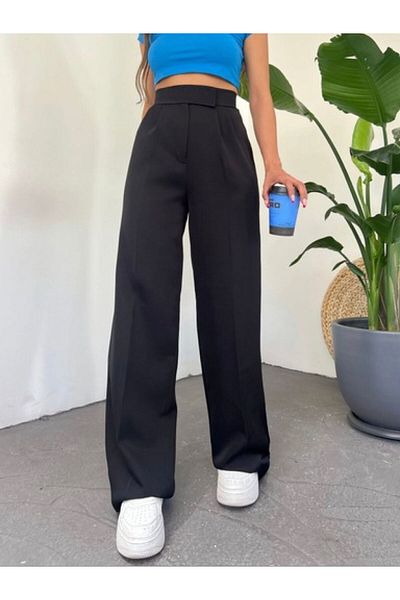 LAMİRAMOOD Pantaloni de pânză reglabili Neva negri cu închidere cu velcro, talie înaltă