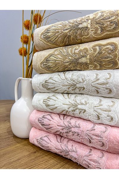 AYHANHOME French Guipure Embroidered Patterned Luxury Dowry Set 50x90 Set of 6 Hand and Face Towels