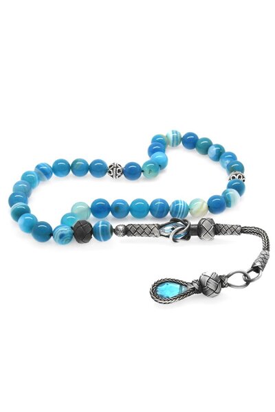 Tesbihane Χάντρες προσευχής από φυσική πέτρα από ασήμι 1000, μπλε-λευκό αχάτη, κομμένο σε σφαίρα με φούντα Kazaz