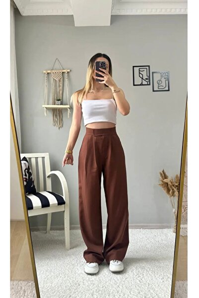 LAMİRAMOOD Neva Brown Ύφασμα Ψηλόμεσο Φαρδύ πόδι Palazzo Φαρδύ πόδι