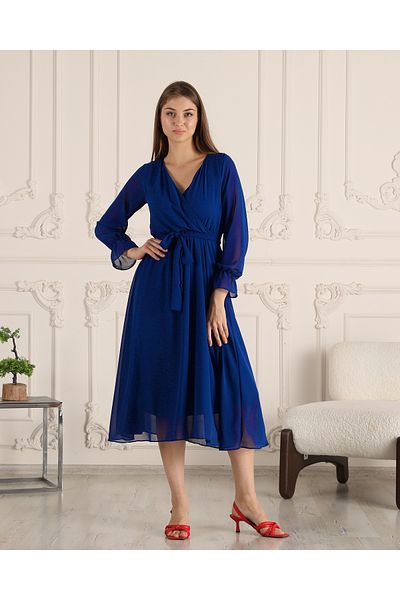 Azra Style Φόρεμα Saks Blue Chiffon - Τάση με διπλό στήθος γιακά και φύλλα