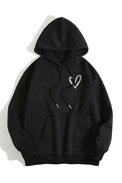 blausee wear Little Heart cu imprimeu cu glugă supradimensionat Unisex Swea t...