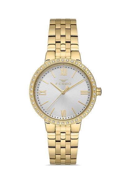 FERRO Women's Gold Color Stone Wristwatch + Bracelet Gift