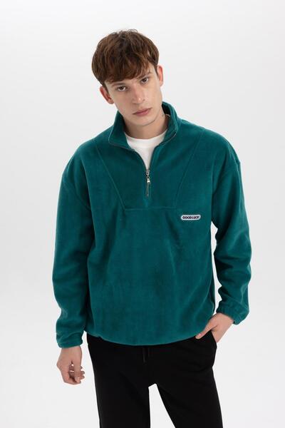 DeFacto Comfort Fit Bisiklet Yaka Baskılı Polar Sweatshirt