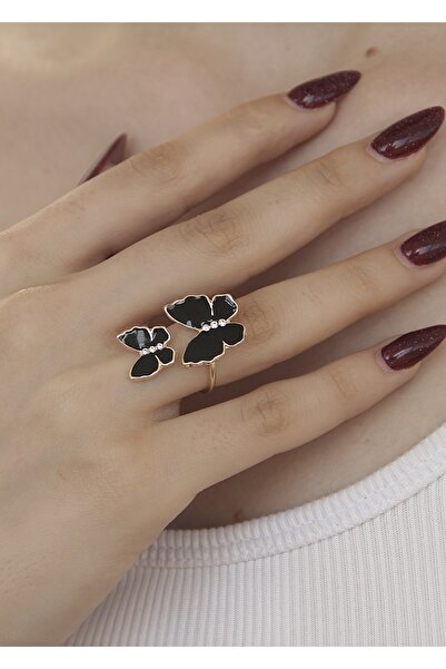 takıtarzım خاتم نسائي مزدوج الفراشة من الذهب الأسود