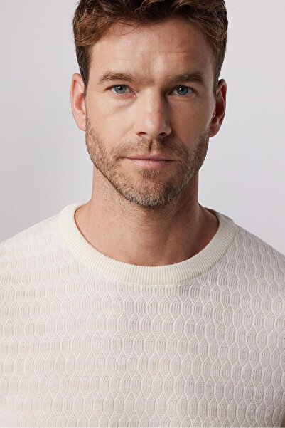 Tudors Men's Slim Fit Slim Fit Crew Neck Self Pattern Ecru Knitwear Sweater