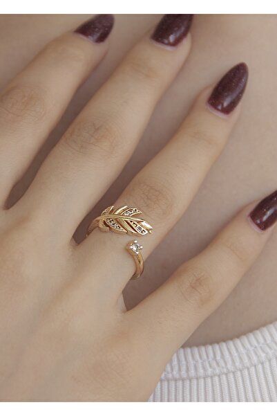 takıtarzım خاتم نسائي على شكل ورقة شجر بحجر الذهب