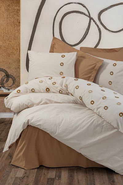 ŞENER HOME Σετ Παπλωματοθήκης Cotton Box Brode Διπλό Ranforce Nomi Beige