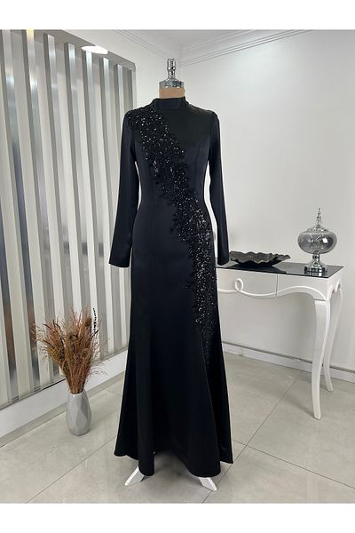 Rana Zenn Black Satin Fishnet Evening Dress - Sea Sconce Detailed