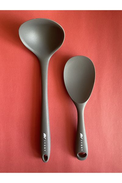 Multiamo Hard Tip Heat Resistant Fireproof Nonstick Silicone Spoon Set 2 Pieces 22cm Spoon 28cm Ladle