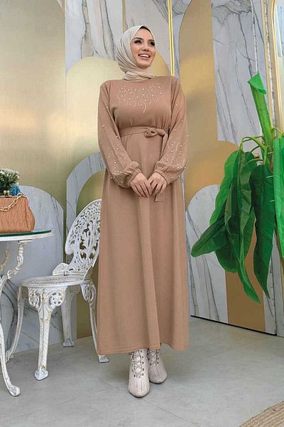 Bym Fashion Πέτρινο Κέντημα Λεπτομέρεια Μανίκι Μανίκια Ελαστικό Πλεκτό Φόρεμα 23318 Μαν