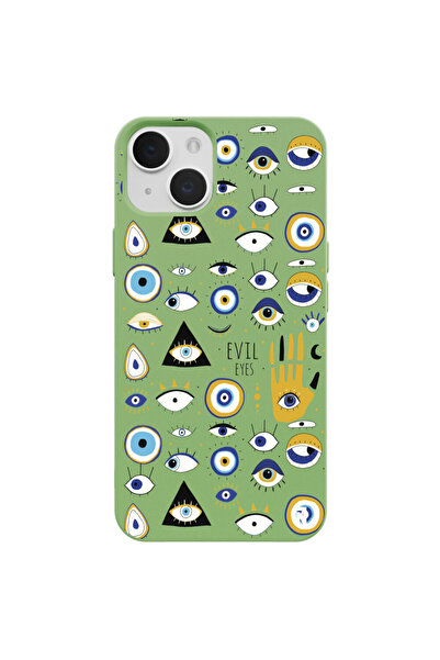 Casen iPhone 13 Silikon Özel Tasarım Nazar Evil Eyes Üçgen Gözler Yeşil Renkl...