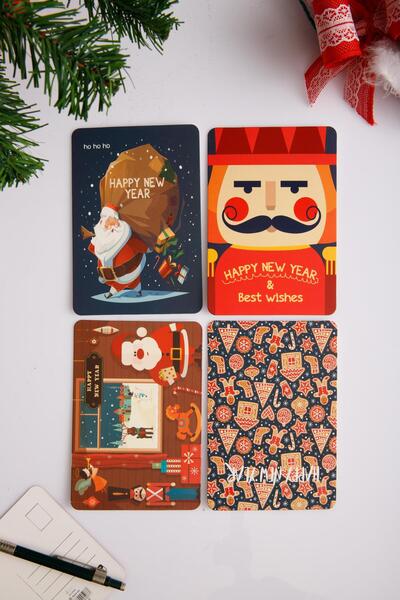 Hayveys 4'Lü Yılbaşı Kartpostal Yeni Yıl Temalı Hediye Not Kartı Kişiye Özel Obje
