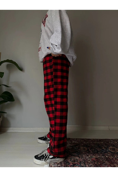 Gofeel Harajuku Streetwear Tech Siyah/Kırmızı renkli ekose eşofman altı