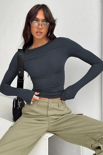 Devinka Women's Smoked Crew Neck Stretchy Fabric Basic Long Sleeve Blouse