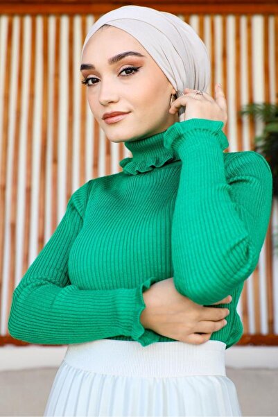 benguen 11013 Ruffle Detailed Turtleneck Knitwear Sweater Green