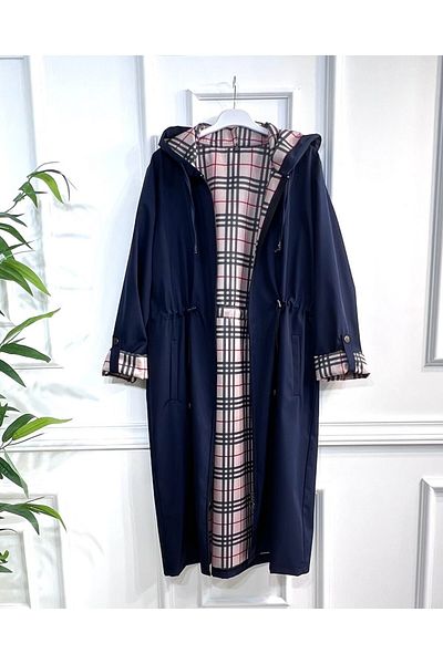 Aşkı Endam October Intermediate Double Sleeve Plaid Patterned Bondit Hooded Trench Navy Blue