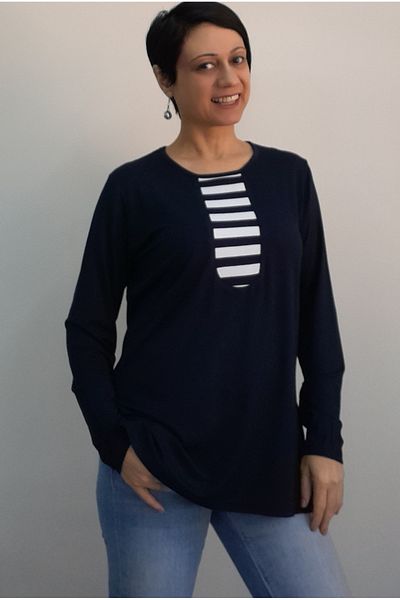 Mertcan Butik Dark blue, dark blue white color block combed cotton Viscose T-shirt