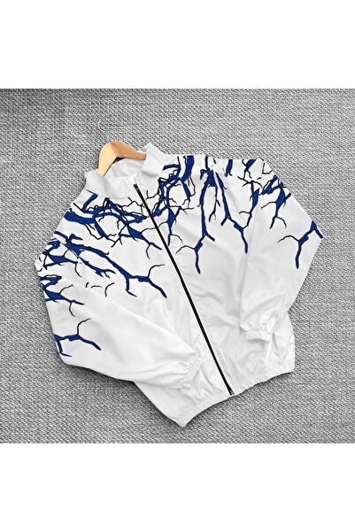 Mhm Unisex Parachute Fabric Lightning Printed Oversize Λευκό Αδιάβροχο Αντιαν...