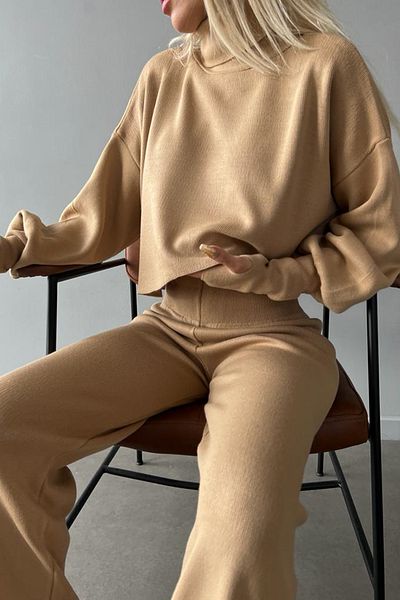 bayansepeti Σετ γυναικεία πλεκτά Camel Knitwear Crop and High Waist Camel Knitwear Set 015