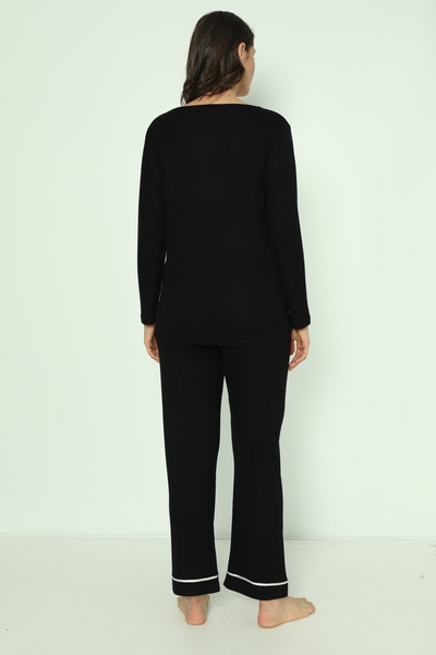 Miss Dünya Lissa Black Cotton Fitted Knitted Fabric Buttoned Front Maternity and Maternity Pajamas Set