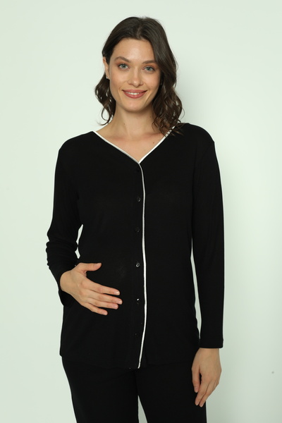 Miss Dünya Lissa Black Cotton Fitted Knitted Fabric Buttoned Front Maternity and Maternity Pajamas Set
