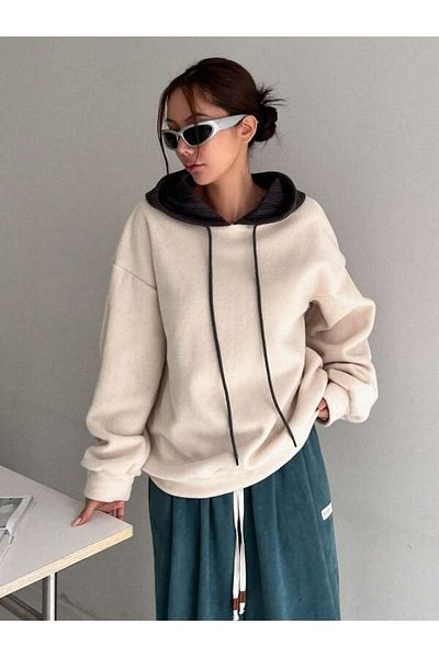MOONBULL Φούτερ Unisex Oversize Μαύρη με κουκούλα Μπεζ Fleece