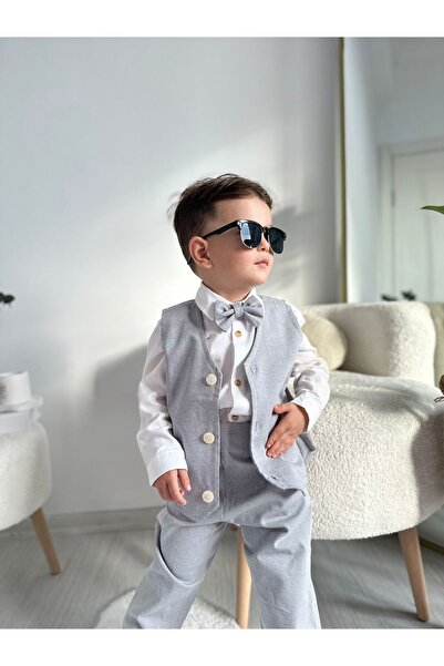 favorimkids Erkek Çocuk Takım - AÇIK GRİ Keten Yelekli 4'lü set