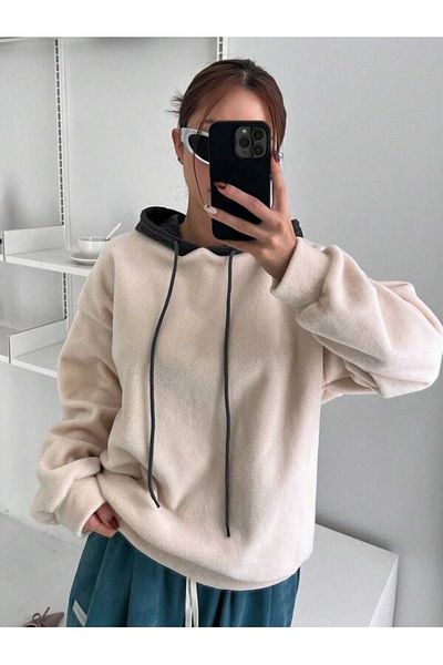 MOONBULL Φούτερ Unisex Oversize Μαύρη με κουκούλα Μπεζ Fleece