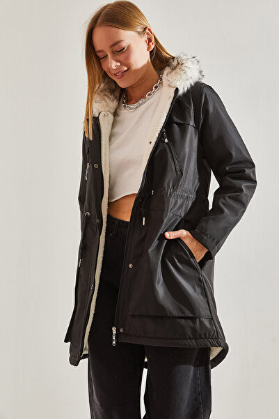 Bianco Lucci Γυναικείο παλτό με κουκούλα με γούνα