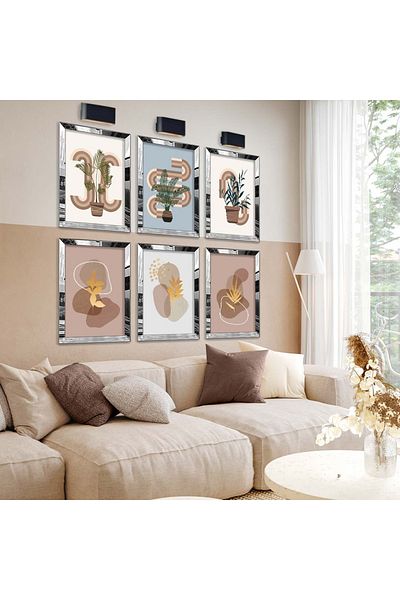 Zevahir Mobilya Dekorasyon Set de pictură MDF cu șase plante de desen modern cu cadru din plexiglas cu oglindă argintie