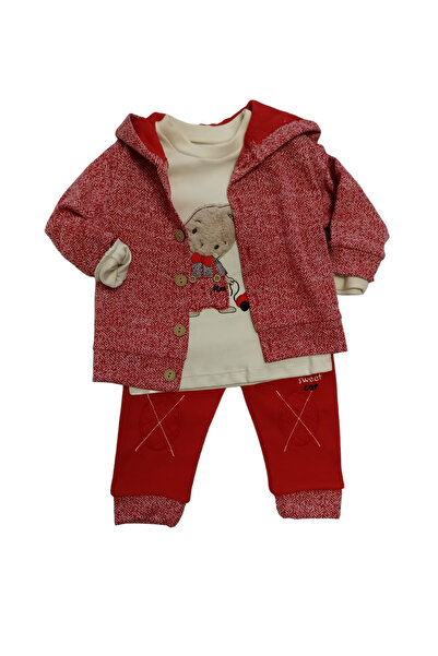 MİNİZEYN TEKSTİL Unisex Baby Cardigan 3-Piece Set - Hooded Cardigan, Rabbit Embroidered Body and Trousers