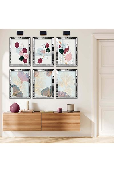 Zevahir Mobilya Dekorasyon Set de masă MDF cu model natural cu șase flori cu cadru din plexiglas cu oglindă argintie