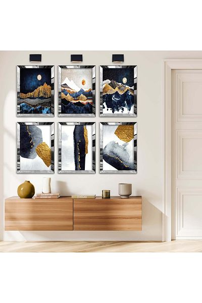 Zevahir Mobilya Dekorasyon Set de pictură MDF cu șase teme de noapte și desen de colaj cu cadru din plexiglas cu oglindă argintie