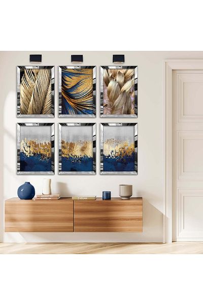 Zevahir Mobilya Dekorasyon Set de pictură din MDF cu cadru din plexiglas cu oglindă argintie, desen de colaj și model auriu