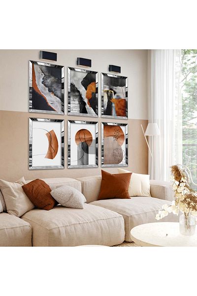 Zevahir Mobilya Dekorasyon Set de pictură MDF cu șase piese cu desen abstract și model geometric cu cadru din plexiglas cu oglindă argintie