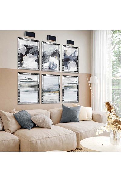 Zevahir Mobilya Dekorasyon Set de pictură MDF cu cadru din plexiglas cu oglindă argintie, desen gri abstract