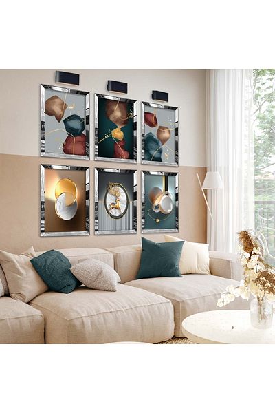 Zevahir Mobilya Dekorasyon Set de pictură MDF cu șase teme moderne și desen geometric cu cadru din plexiglas cu oglindă argintie