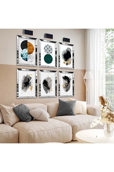 Zevahir Mobilya Dekorasyon Set de pictură MDF cu cadru din plexiglas cu oglindă argintie, desen geometric și tema abstractă