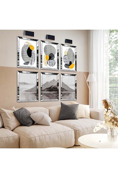 Zevahir Mobilya Dekorasyon Set de pictură MDF cu șase cadru din plexiglas cu oglindă argintie, desen modern și tema munte