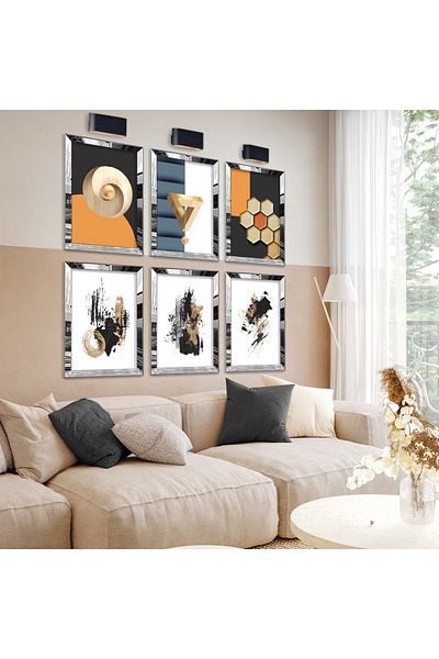Zevahir Mobilya Dekorasyon Set de pictură MDF cu cadru din plexiglas cu oglindă argintie, desen geometric și tema abstractă