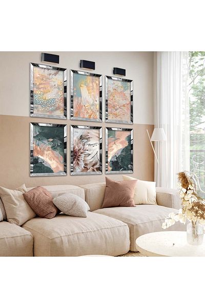 Zevahir Mobilya Dekorasyon Set de pictură MDF cu șase desene moderne cu temă abstractă cu cadru din plexiglas cu oglindă argintie